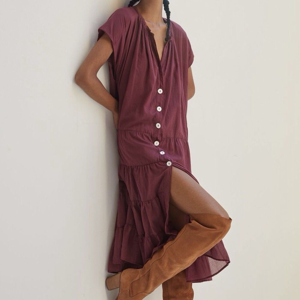Anthropologie X Erika Peña Wine Color Tiered Midi Dress One Size Fits Most